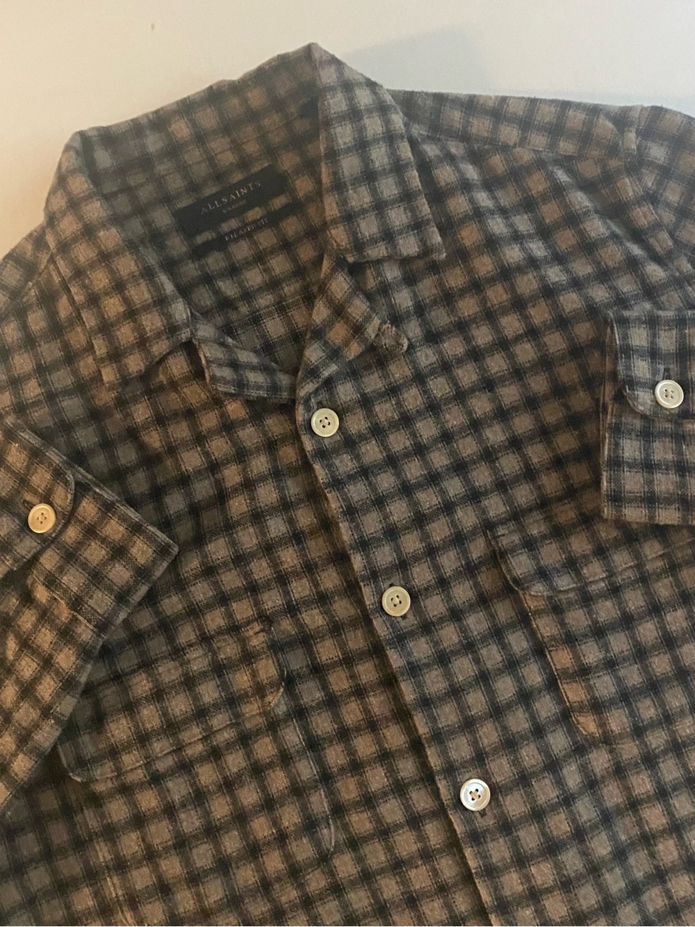 All Saints Wool Blend Flannel Shirt Men XL Relaxed Camp Loop Collar Button Up